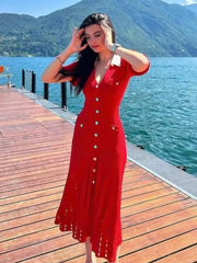 New Red Knitting Long Dress Summer Turn Down Collar Fashion Women Dress Puff Sleeve Single Breasted Elegant Chic Vestido