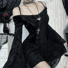 Goth Black Lace Flocking Off-Shoulder Flared Sleeve Party Dresses Y2K Vintage Velvet Patchwork A-Line Mini Dress Women