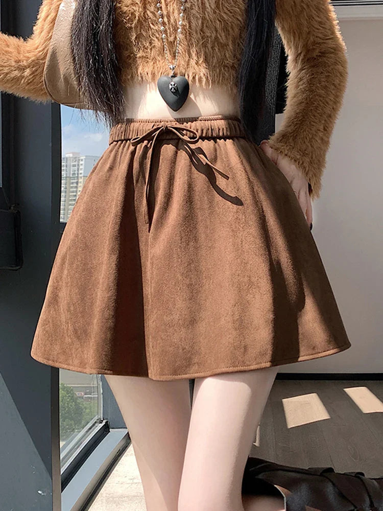 Y2K Leopard Mini Skirt Women High Waist Faux Suede Fabric A Line Skirts Streetwear Fall Winter Loose Vintage Sexy Skirts