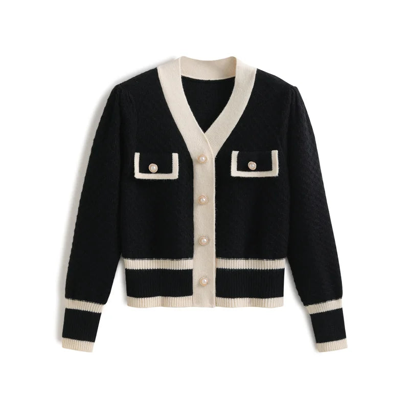 Women's Cardigan with Pearl Button Long Sleeve Knit Sweater Jacket Coat Cardi Autumn Winter Elegant French Chic Outfit