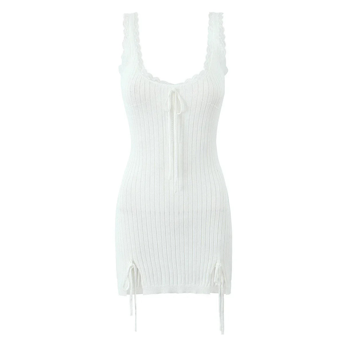 2025 New Pink White Lace Patchwork Short Dress For Women's Clothing Ruffle Square Collar Vacation Beach Summer Knit Slip Dress