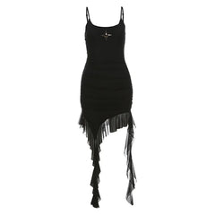 Asymmetrical Mesh Ruffle Dresses for Women Y2k Summer Sexy Spaghetti Strap Backless Mini Dress Black White