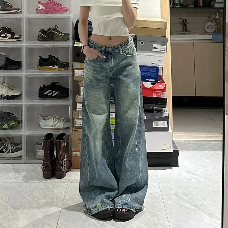 Pbong  Plus Size Women's Loose Straight Leg Jeans High Waist Wide Leg Long Trousers Bootcut Denim Pants Big Size Casual Fashion