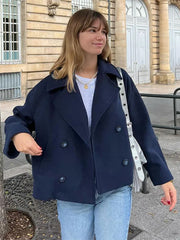 Fashion Short Woolen Jackets For Women Fleece Long Sleeved Double Breasted Lapel Pockets Coats Elegant Autumn Overcoat New