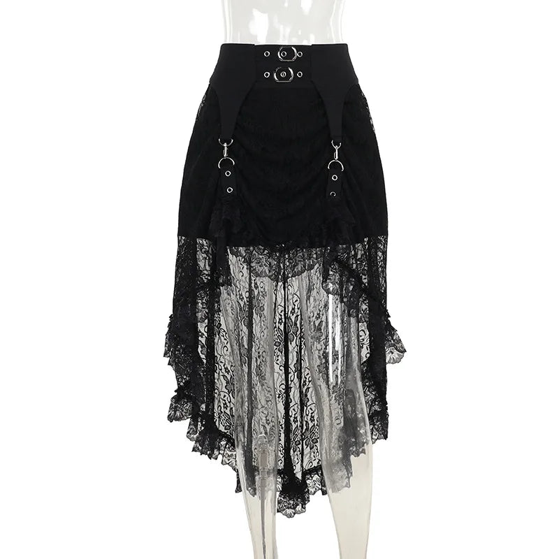 Y2K Black Floral Lace Mesh A-Line Long Skirts Goth Vintage Aesthetic Cocktail Party Skirt Women New Fashion Streetwear