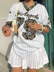 Los Angeles No. 79 Jersey V-neck Loose Streetwear 3D Printed Vertical Stripe Fashion Short Sleeved Women's Summer Sports Tee