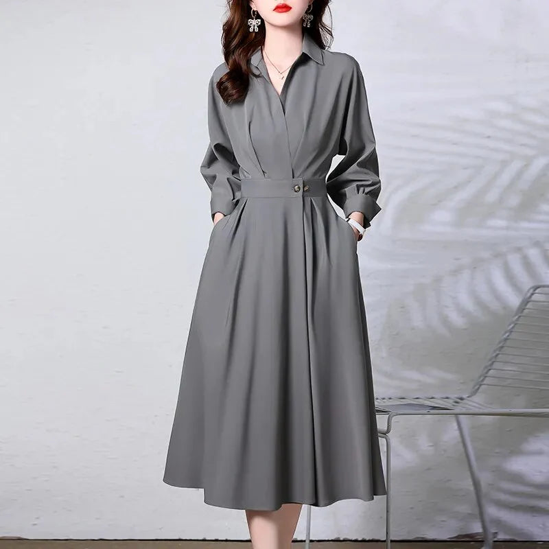 Gray High-quality Long-sleeved Shirt-collar Dress Women's Simple Office with Pockets Work Fashion Dress Autumn Clothes