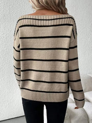 Autumn and winter fashion elegant off shoulder striped long sleeved women's knitted sweater