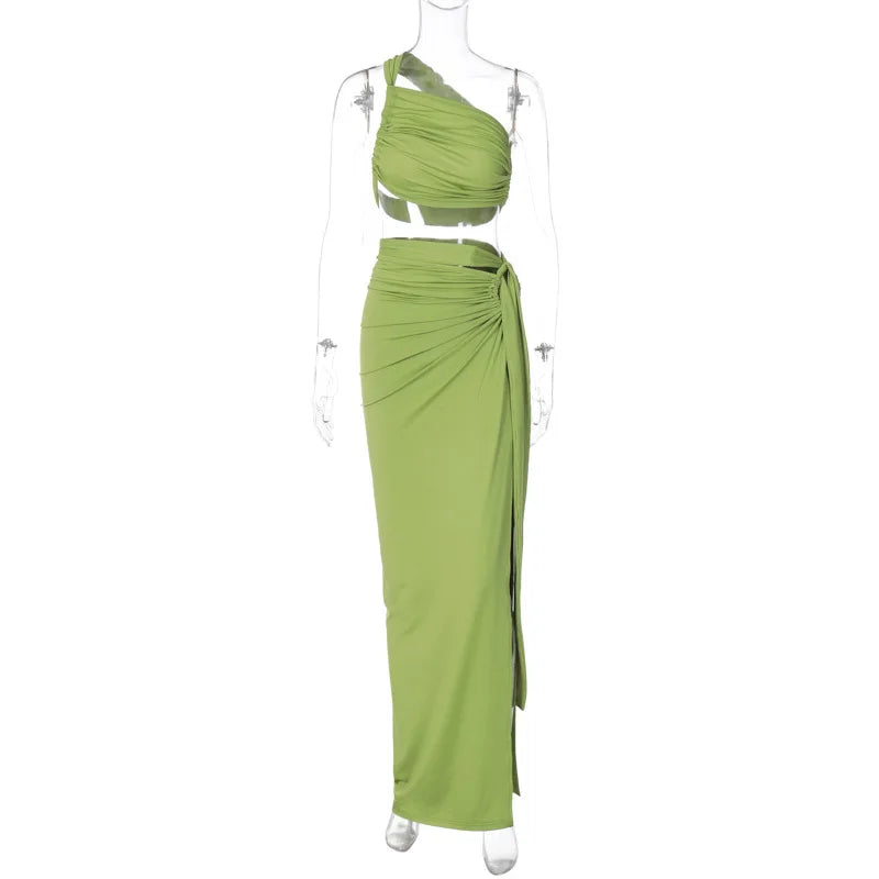 Hollow Out Sexy Two Piece Set Women One Shoulder Crop Top And Maxi Skirt Matching Sets Femme Bodycon Skirt Sets