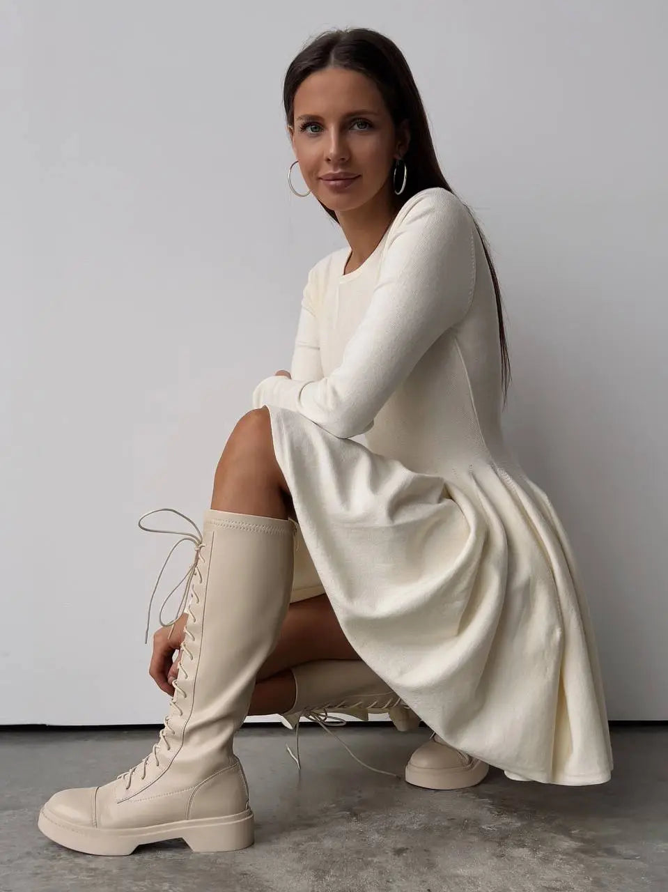 Elegant Long Sleeve Mini Dress Sweater Women Winter O Neck Tight Sexy Chic Pleated Skirt Basic Female Knit Jumper