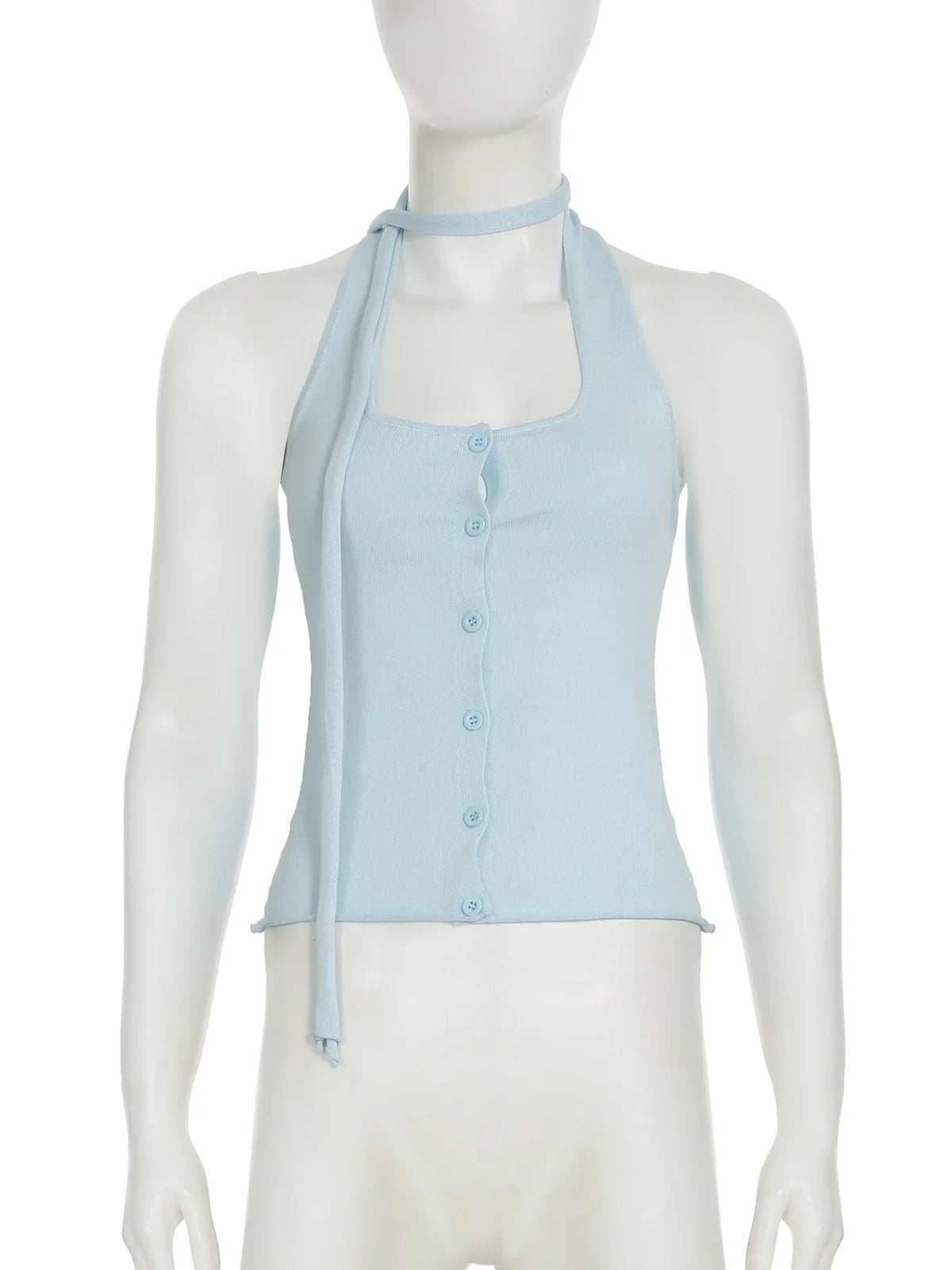 Halter Knitted Vest Top For Women Ribbon Single Breasted Backless Tanks Slim Summer Thin Hot Girl Plunge T shirt Casual