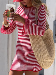 Pbong  Women Bodycon Knitted Dress Striped Round Neck Long Sleeve Casual Fall Short Dress