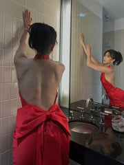 Maxi Back Big Bow Prom Evening Party Dresses Sexy Backless Bodycon Satin Dress Halter Elegant Dresses For Women