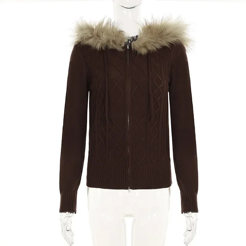 Vintage American High Street Zip Up Knitted Cardigan Sweaters Simple French All Match Lazy Women Jumpers Y2k Aesthetic Clothes