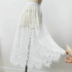 2 Length Elegant Black Skirt White Lace Transparent Long Tulle Skirt Ladies Elastic High Waist Beach Midi Skirt