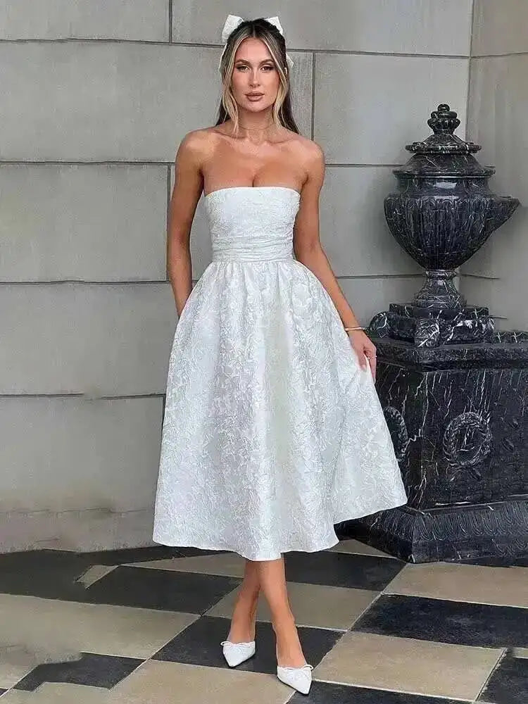 Jacquard Waist Wrap A-line Dress Women Mini 2024 Spring Summer Dress Elegant Bow Backless Sexy Party Dresses