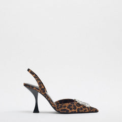 Women High Heels Shoes WSL TRAF ZA Summer Pointed Rhinestones Leopard Print Pump Fashion Travel Stiletto Sandal Woman Shoes