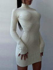 Knitted White Dress Women Elegant Fashion Turtleneck Bodycon Midi Dresses Female Autumn Winter Long Sleeve Slim Streetwear Dress