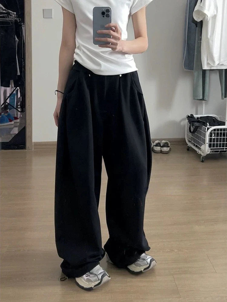 HOUZHOU Vintage Baggy Sweatpants Women Autumn 2024 New Y2k Korean Loose Wide Leg Pants Zipper Fly Casual Sports Pants Streetwear