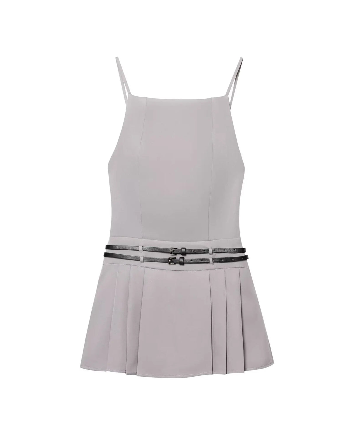 Backless Streetwear Short Dress Hotgirl Double Belt Gray Tight Women Dress Fashion Square Collar Sleeveless Pleat Dress 2025 New