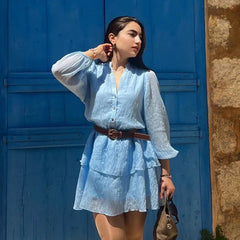 Vacation Blue Short Dress For Summer Lantern Sleeve Casual Solid Color Spring Women Dress With Belt A-line Fashion Vestidos