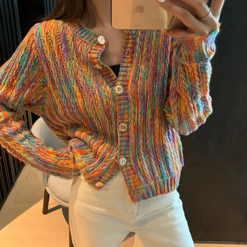 New Rainbow Color Cardigan with Buttons Autumn Winter Korean Fashion Long Sleeve Knit Cardigan Women Loose Sweaters