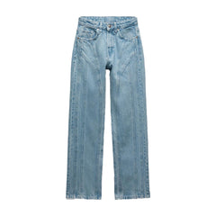 spring new women's fashion retro all-match high waist stitching decoration casual pocket button straight jeans