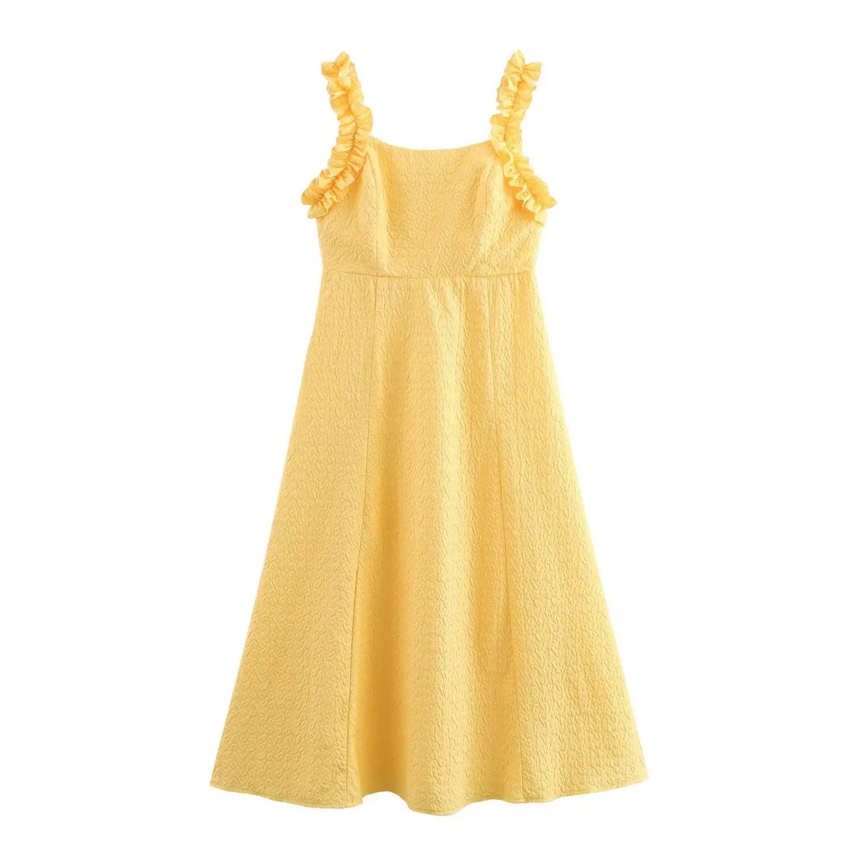 Fashion French Yellow Suspender Dress Long Dress 2025 Summer Ruflle Square Collar New Dress A-line Simple Fashion Woman Clothing