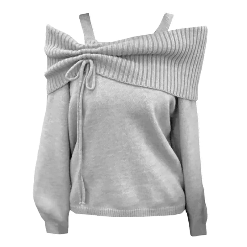 Korean Style Coquette Knitwear Pullovers Women Sweet Slash Neck Long Sleeve Sweaters Autumn Winter 2000s Grey Jumper