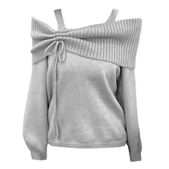 Korean Style Coquette Knitwear Pullovers Women Sweet Slash Neck Long Sleeve Sweaters Autumn Winter 2000s Grey Jumper
