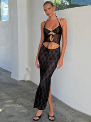 Hollow Out Print Back Split Maxi Dress Women Gown Summer New Black Sleeveless Bodycon Sexy Party Long Dress Vestidos