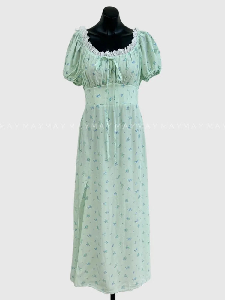 2025 New Vintage Sweet Puff Sleeve Summer Women Dress Floral Print High Waist Slit Long Dress Fashion Vacation Woman Clothing