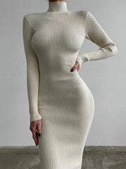 New Autumn Knitted Turtleneck Dress Women Long Sleeve Bodycon Midi Dresses Female Elegant Fashion Solid Color Skinny Dress