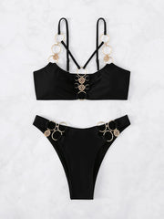 Ring Linked Harness Bikinis Black Swimsuit Solid Swimwear Women Bathers Bathing Swimming Suit Female Beachwear Summer