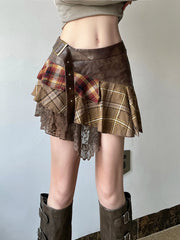 American Retro Asymmetrical Women's Mini Skirts Lace Stripes Plaid Leather Irregular Fashion Chic Design Short Dresses