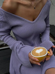 V-neck Long Sleeved Sexy Short Dress Knitted Autumn Winter Solid Color A-line Backless Pleated Women Dresses Fall Fashion