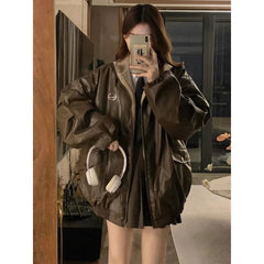 Maillard Fashion PU Leather Jacket With Lambswool Coat Both Sides Female Y2K Winter New Velvet Locomotive Cotton-padded Jacket