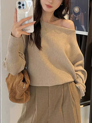 Batwing Long sleeve Knitted Pullover Women 380g Thick Off shoulder Top Korean Fashion Sweater Loose Casual Autumn Outwear Pull