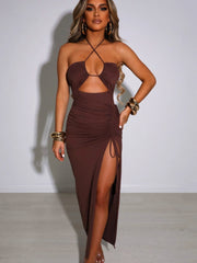 Halter Hollow Out Drawstring Long Dress Women Fashion Sleeveless Backless High Split Elegant Ruched Dress Vestidos