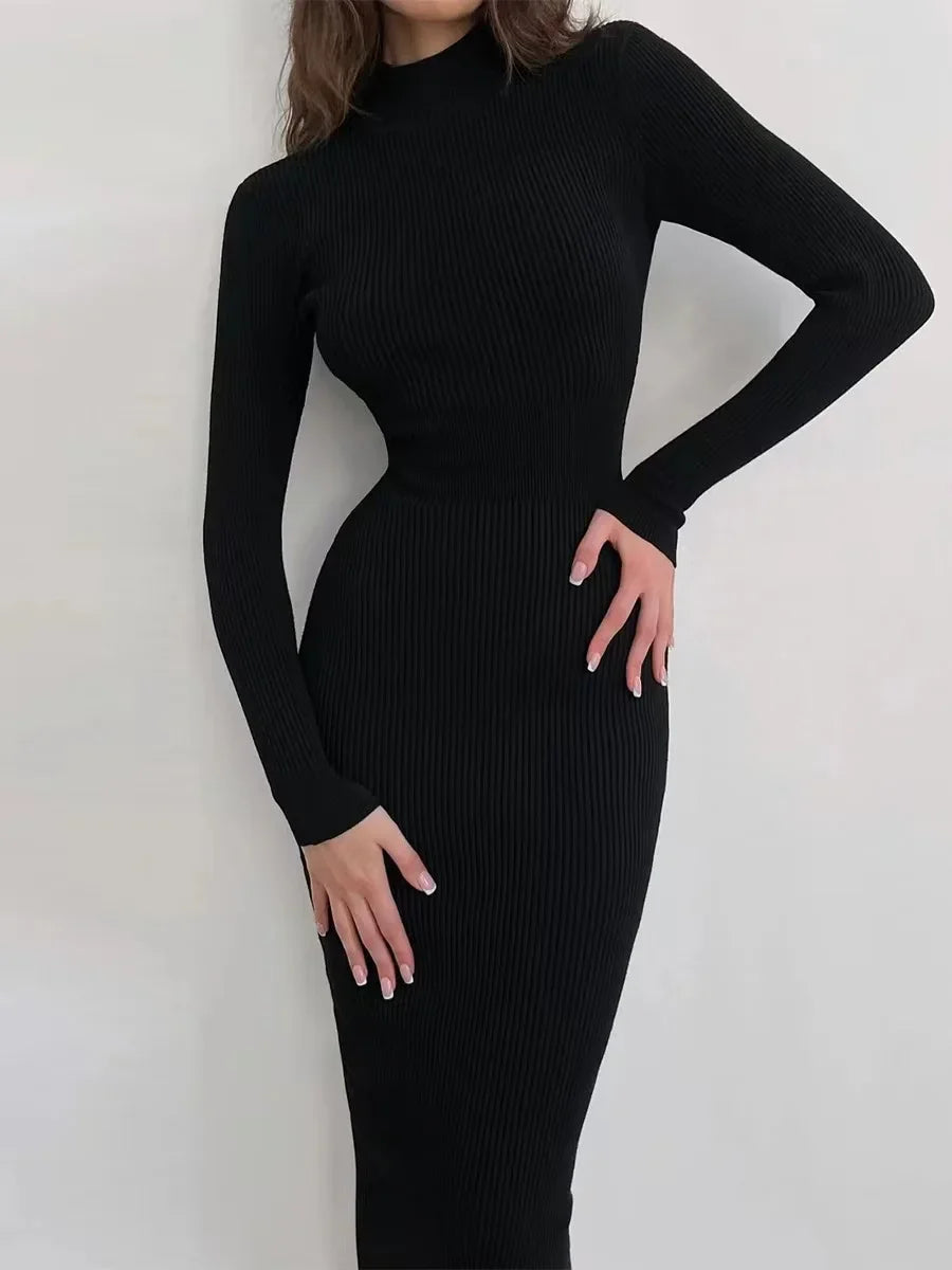 New Autumn Knitted Turtleneck Dress Women Long Sleeve Bodycon Midi Dresses Female Elegant Fashion Solid Color Skinny Dress