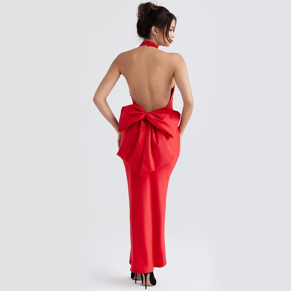 Maxi Back Big Bow Prom Evening Party Dresses Sexy Backless Bodycon Satin Dress Halter Elegant Dresses For Women