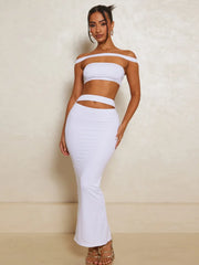 Strapless Sexy Two Piece Set Women Fashion Off-shoulder Sleeveless Crop Tops And Long Skirt Ladies Party Skirt Sets
