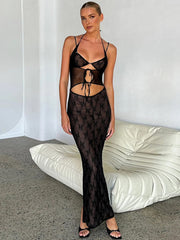 Hollow Out Print Back Split Maxi Dress Women Gown Summer New Black Sleeveless Bodycon Sexy Party Long Dress Vestidos
