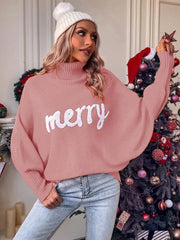 Pbong  Christmas Fashion Autumn Winter Knit Sweaters Turtleneck Sweater Women Elegant Merry Letter Print Long Sleeve Pullovers Female