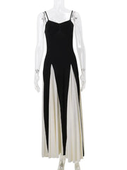 Elegant Patchwork Spaghetti Strap Long Dress For Women Fashion Sleeveless Backless Sexy Evening Maxi Dress Fashion