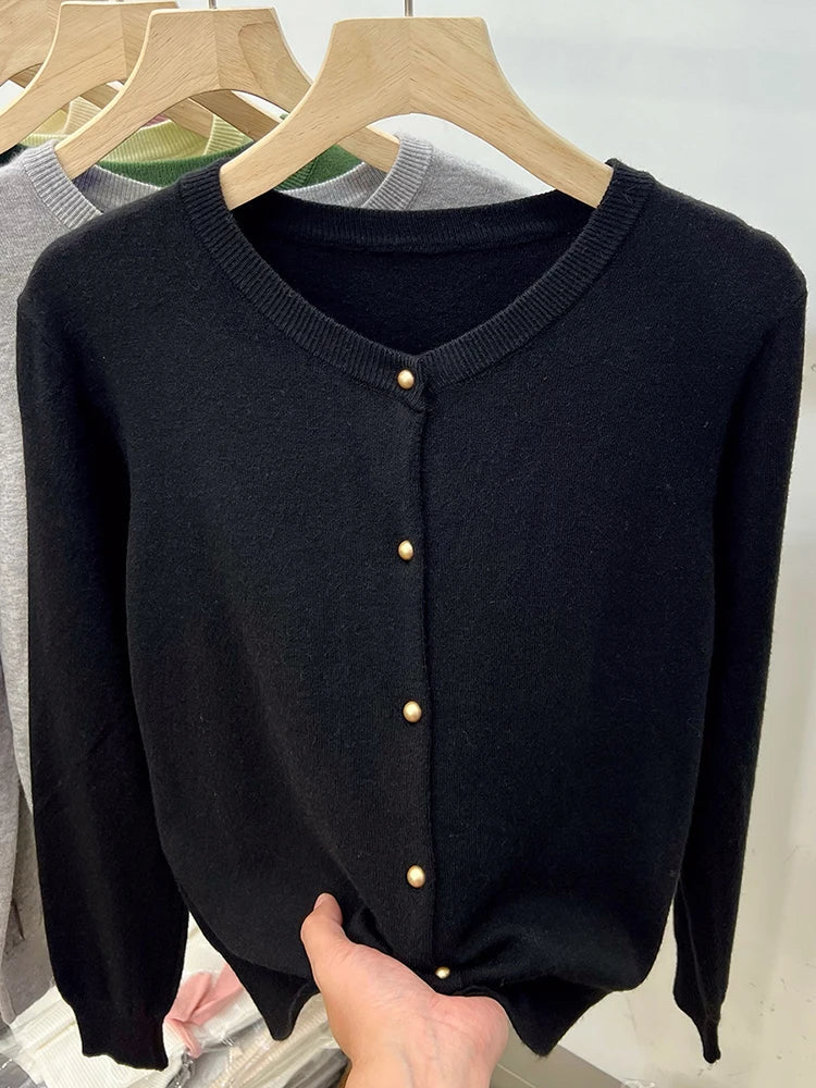 Gold Button Cardigan for Women Long Sleeve Single Breasted Knit Jacket Sweater Tops Sweaters Spring Autumn Ladies Soft Knitwear