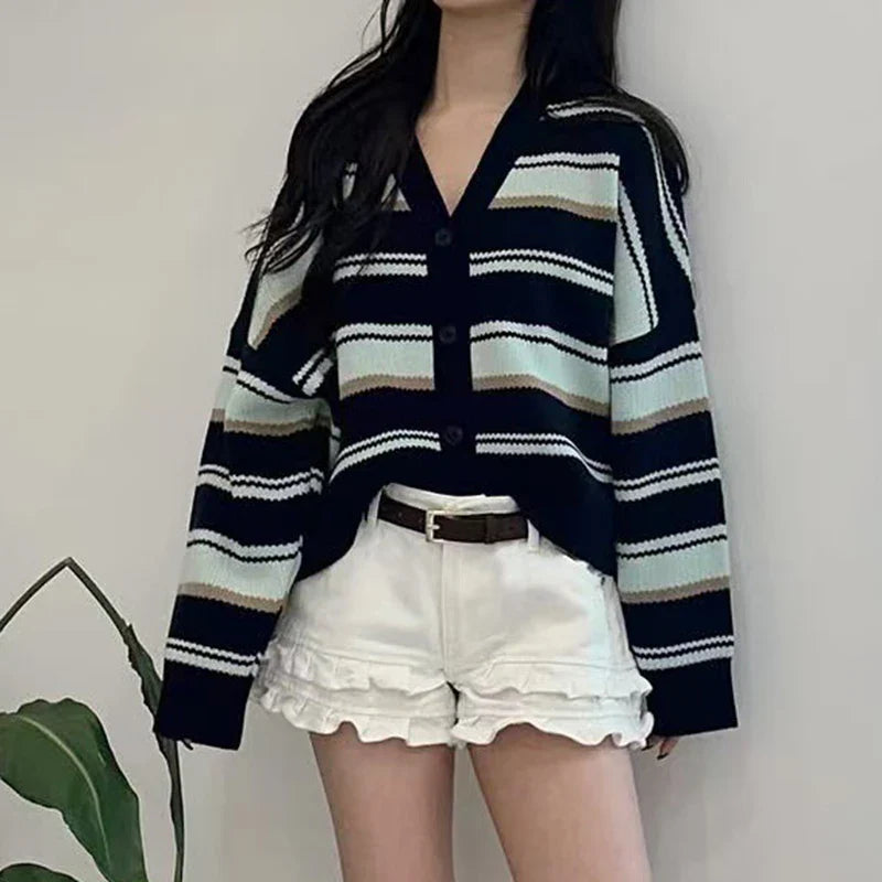 Striped Knit Cardigan Long Sleeve Button Down Boxy-fit Sweater Jacket for Women Teen-girl Korean Fashion Chic Fall Winter Outfit