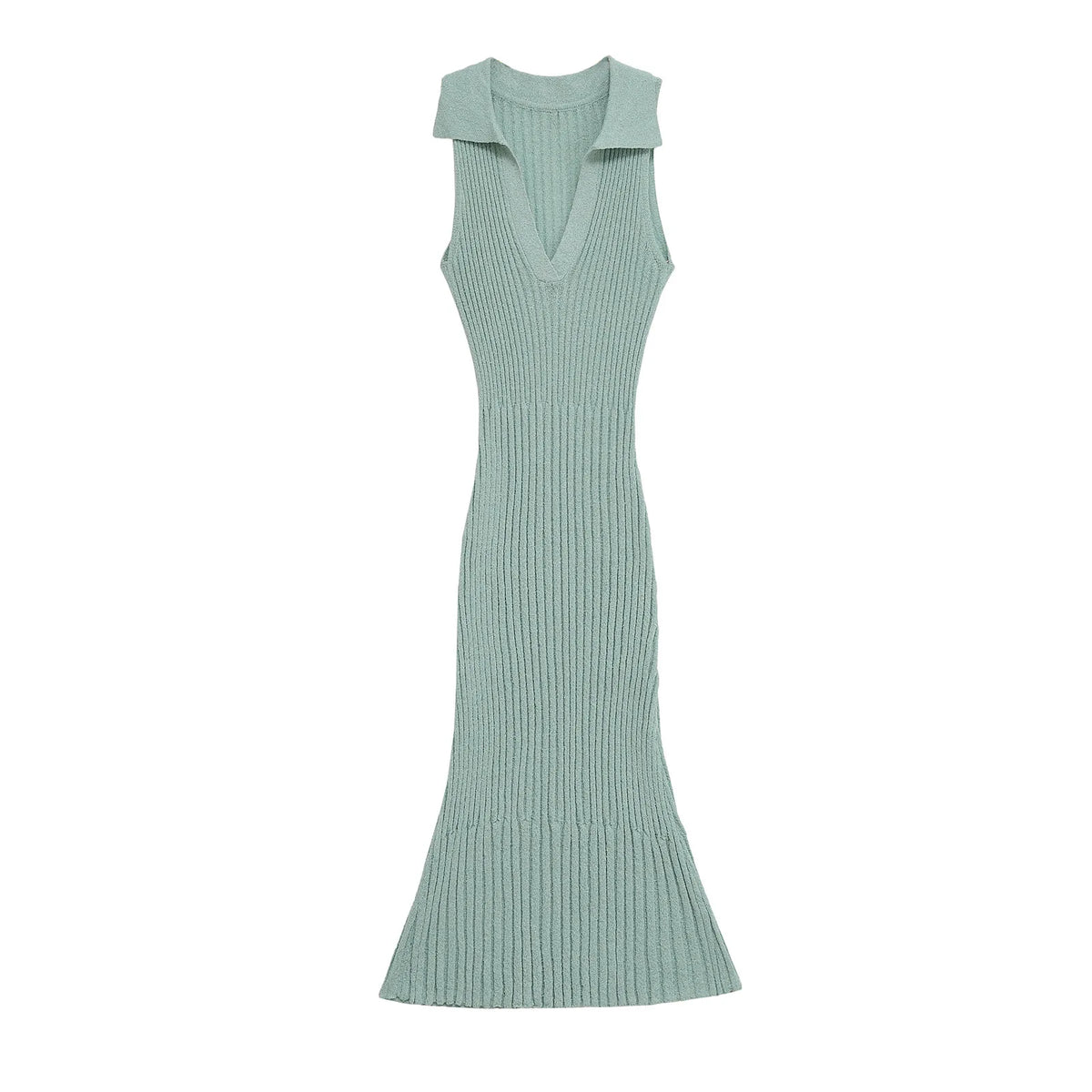 Fashionslim fit V-neck sleeveless long dress turn down collar tight green knitting summer dress simple casual female clothing