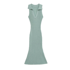 Fashionslim fit V-neck sleeveless long dress turn down collar tight green knitting summer dress simple casual female clothing