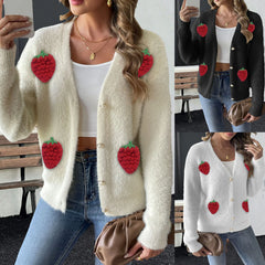 Pbong  Ladies Faux Fur Jacket Pearl Button Embroidered Strawberry Splicing Open Cardigan Polyester Street Style Winter Sweater